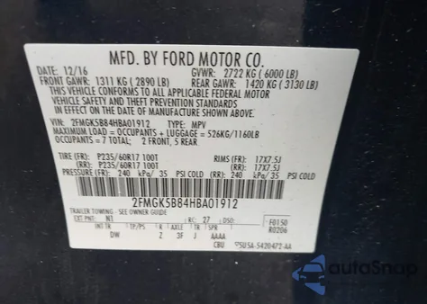 2017 Ford Flex Se из США, поврежденный, VIN 2FMGK5B84HBA01912